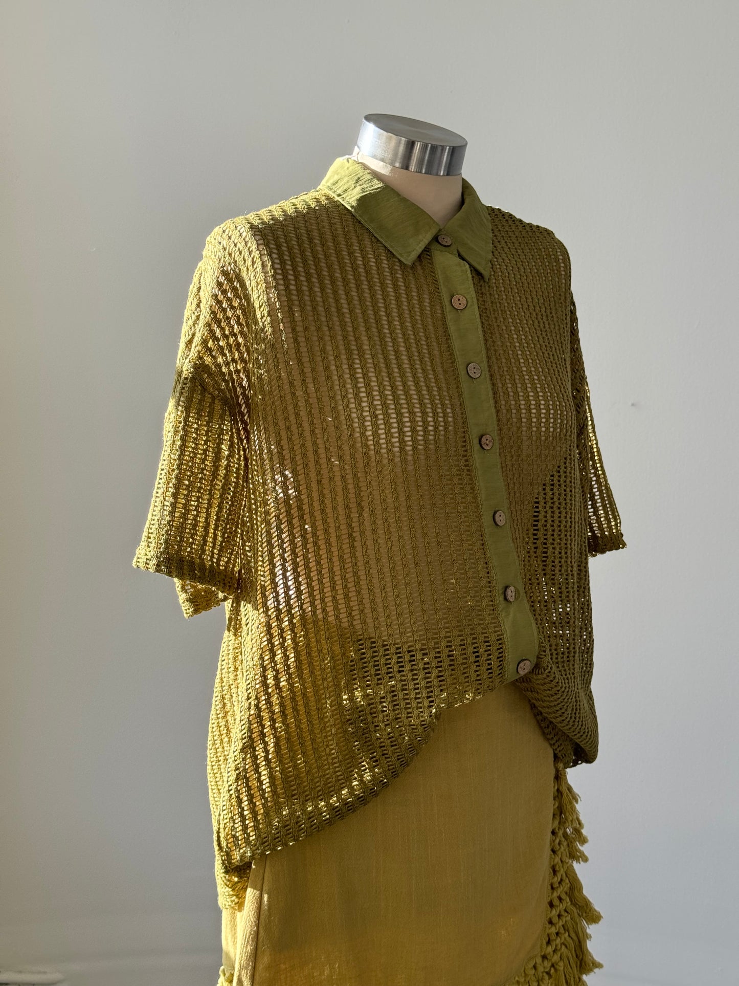 Marsha Crochet Short Sleeve Button Down In Avocado