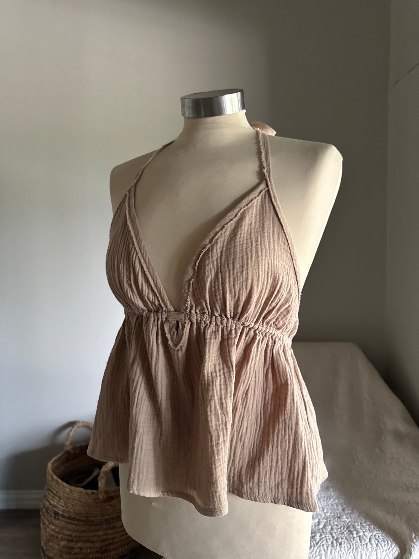 Marcia Cotton Gauze Halter Top In Taupe