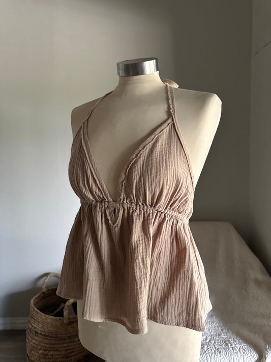 Marcia Cotton Gauze Halter Top In Taupe