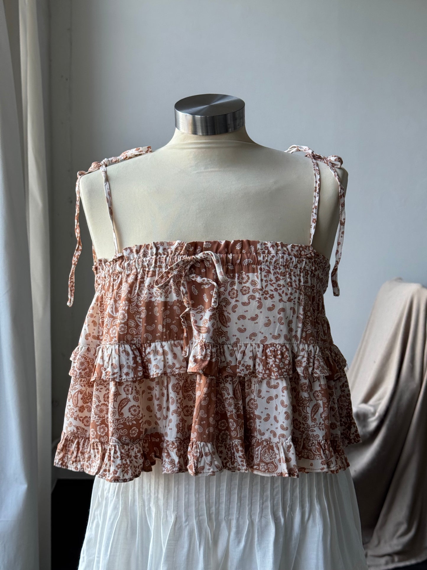 Terry Paisley Patch Bandana Ruffle Top In Red Canyon