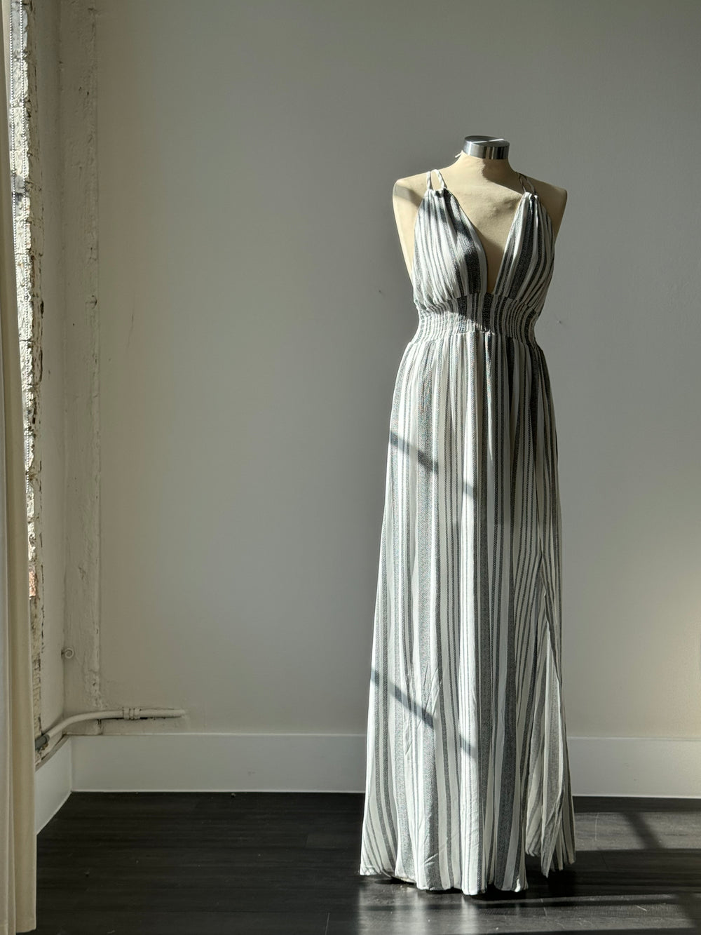 Summer Striped Halter Maxi Dress In White & Black