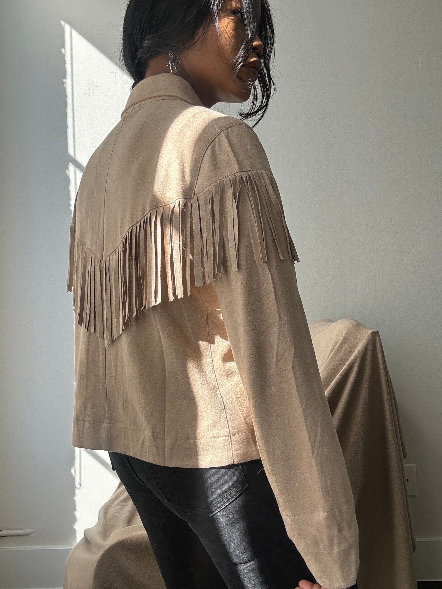 Brooks Cropped Fringe Suede Modern Western Shacket In Taupe