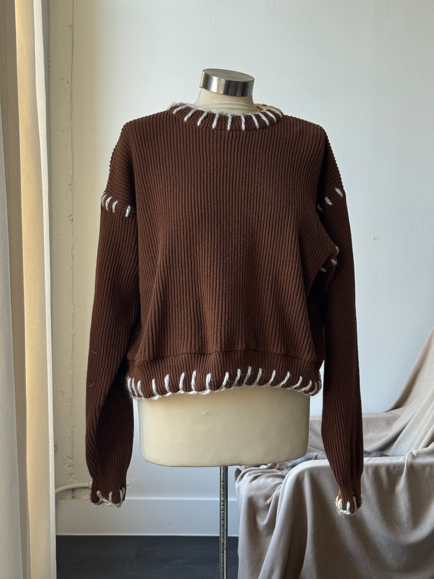 Sloppy Joe Handcrafted Cowboy Blanket Stitch Chunky Sweater In Brown