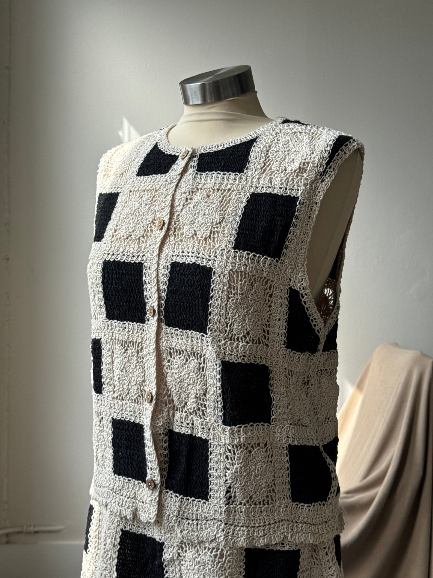 Katie Cotton Crochet Check Button Front Vest In Black