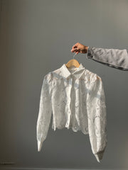 Presley Cotton Crochet Paisley Balloon Sleeve Cropped Button Down In White