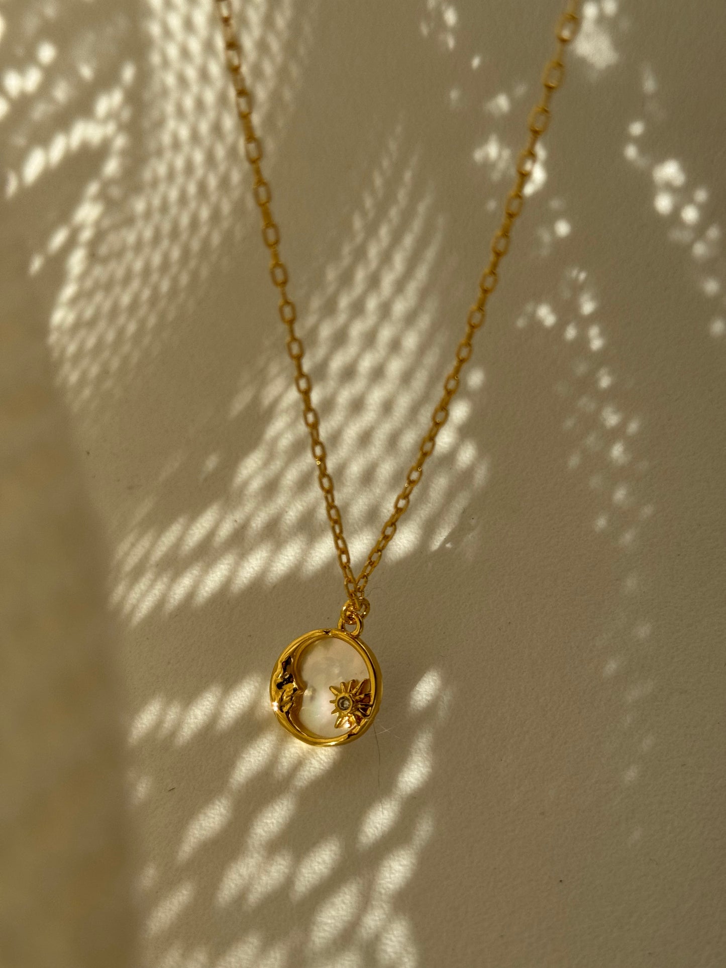 Star & Moon Mother Of Pearl Charm Necklace In Gold￼