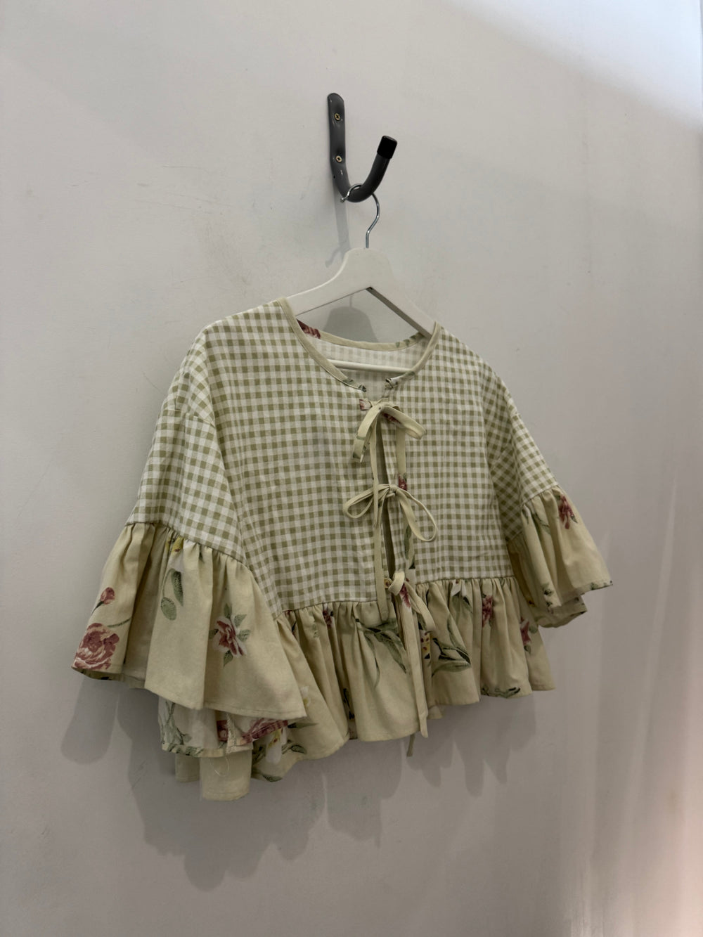 Joycie Vintage Handcrafted Gingham Floral Ruffle Top