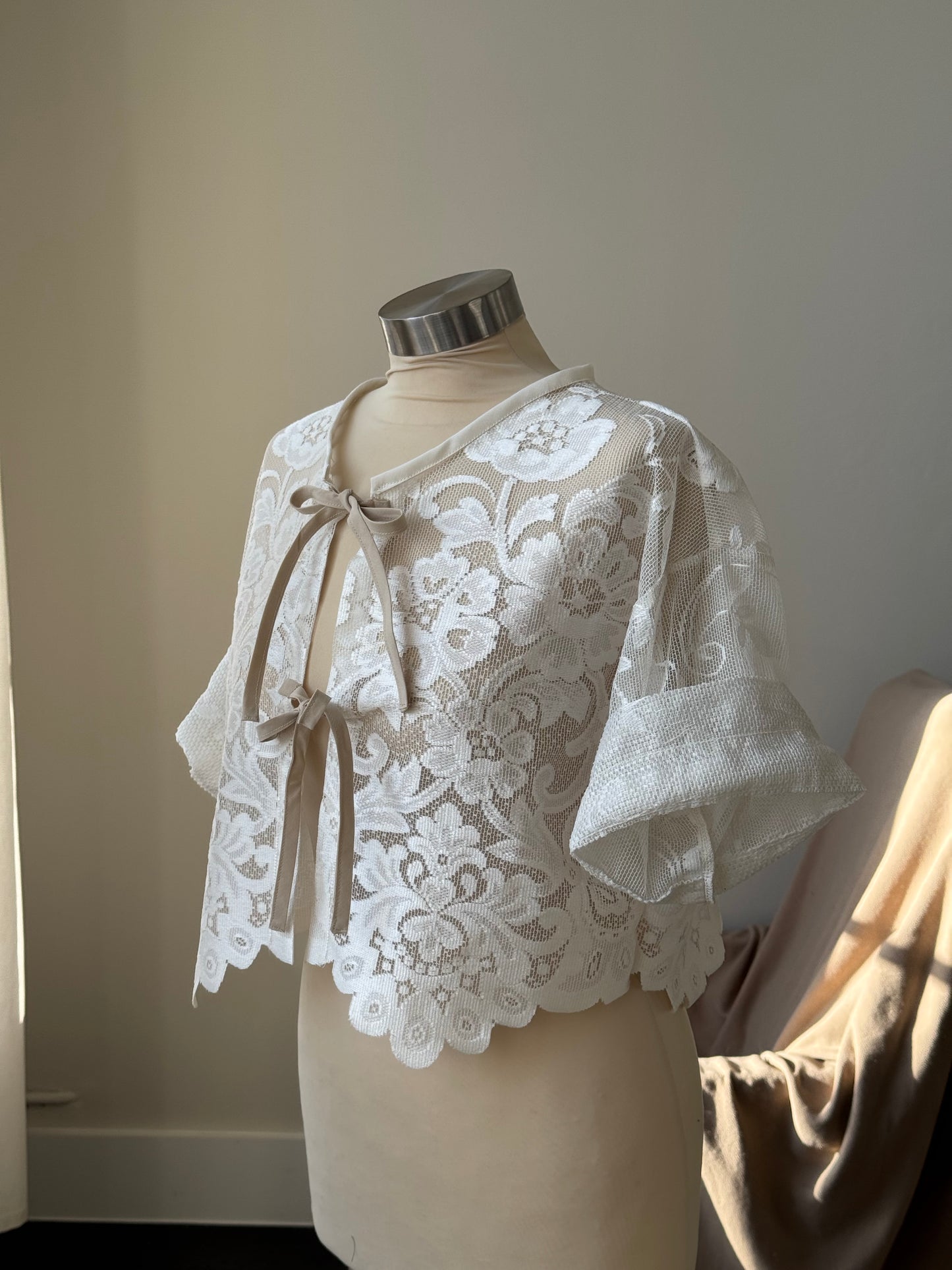 Roberta Handcrafted Vintage Lace Tie Top In Ivory