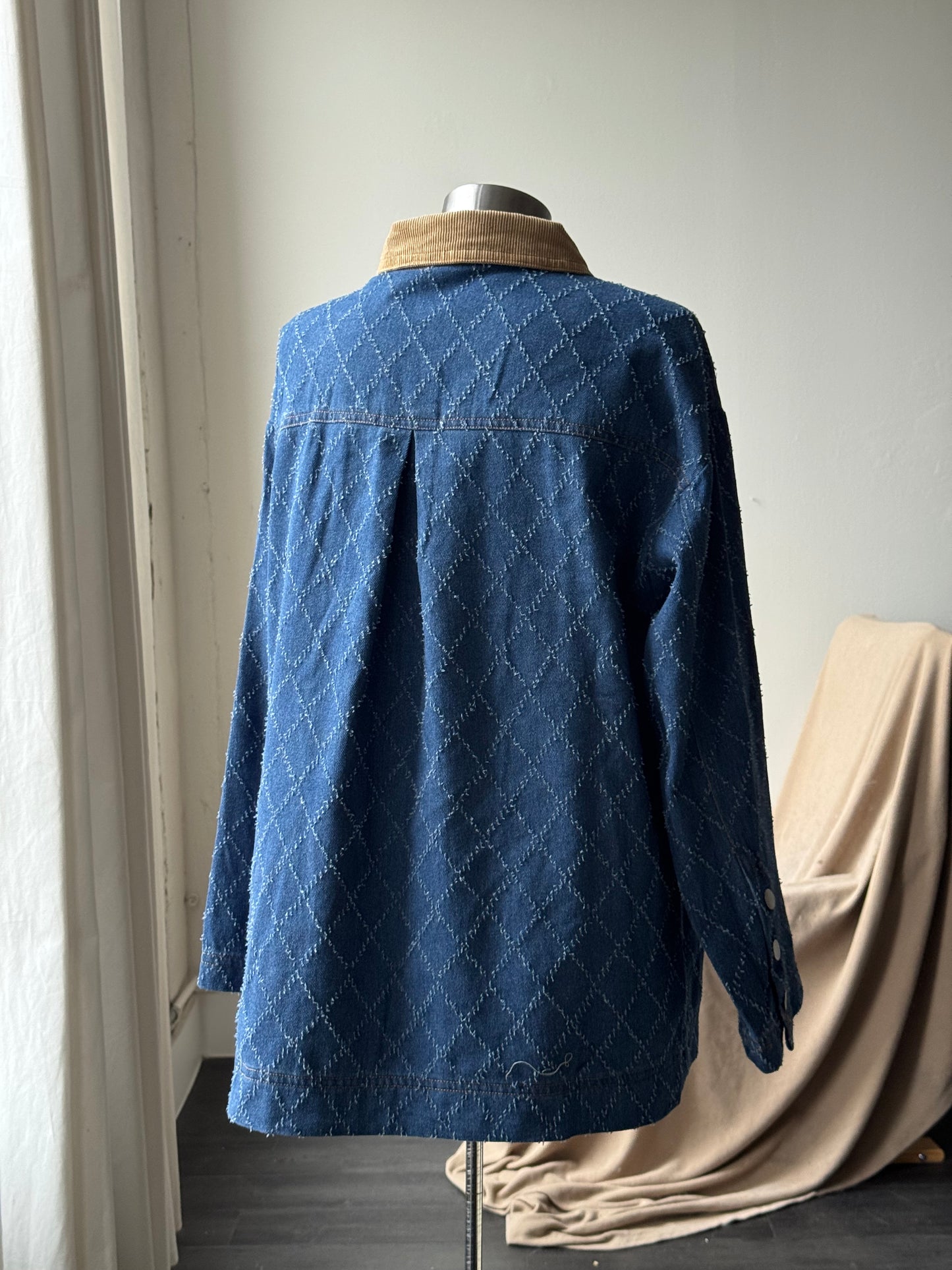 Deidre Classic Distressed Diamond Stitched Denim Jacket In Indigo