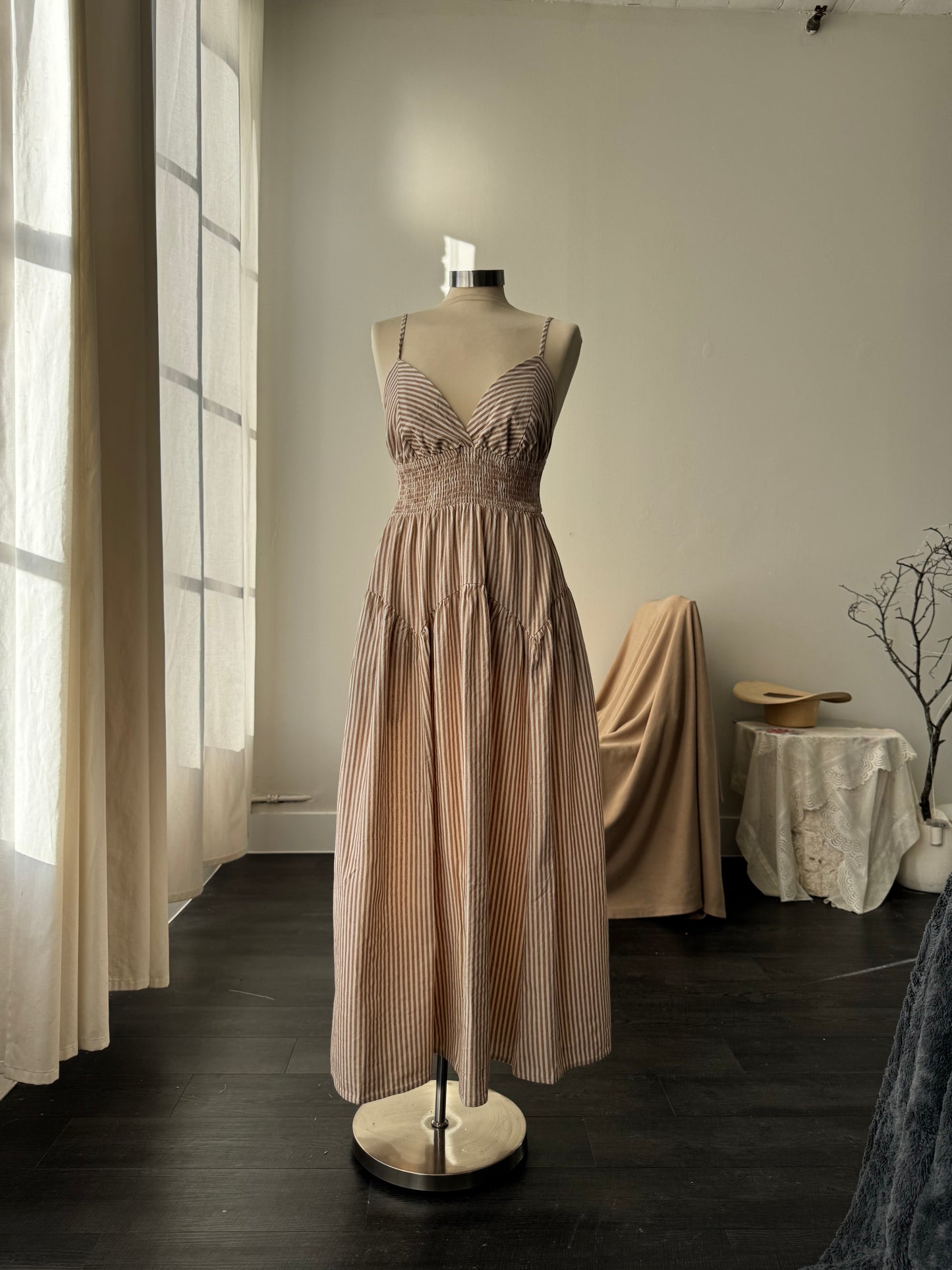 Cherie Cotton Striped Midi Dress In Mocha