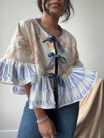 Joycie Cotton Handmade Floral & Fringe Ruffle Top In Vintage Blue