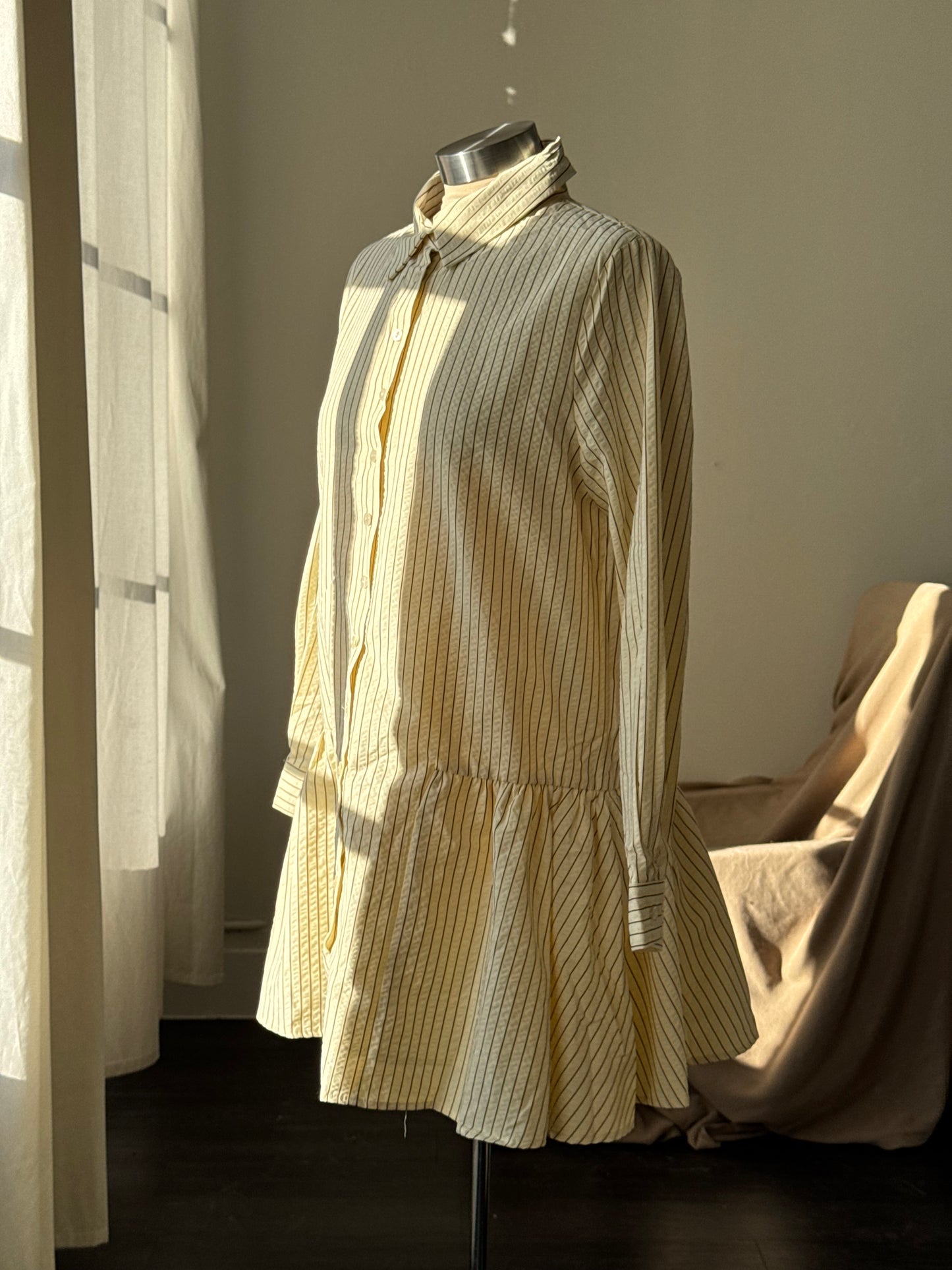 Cynthia Cotton Button Down Long Sleeve Striped Dress In Vanilla & Brown￼