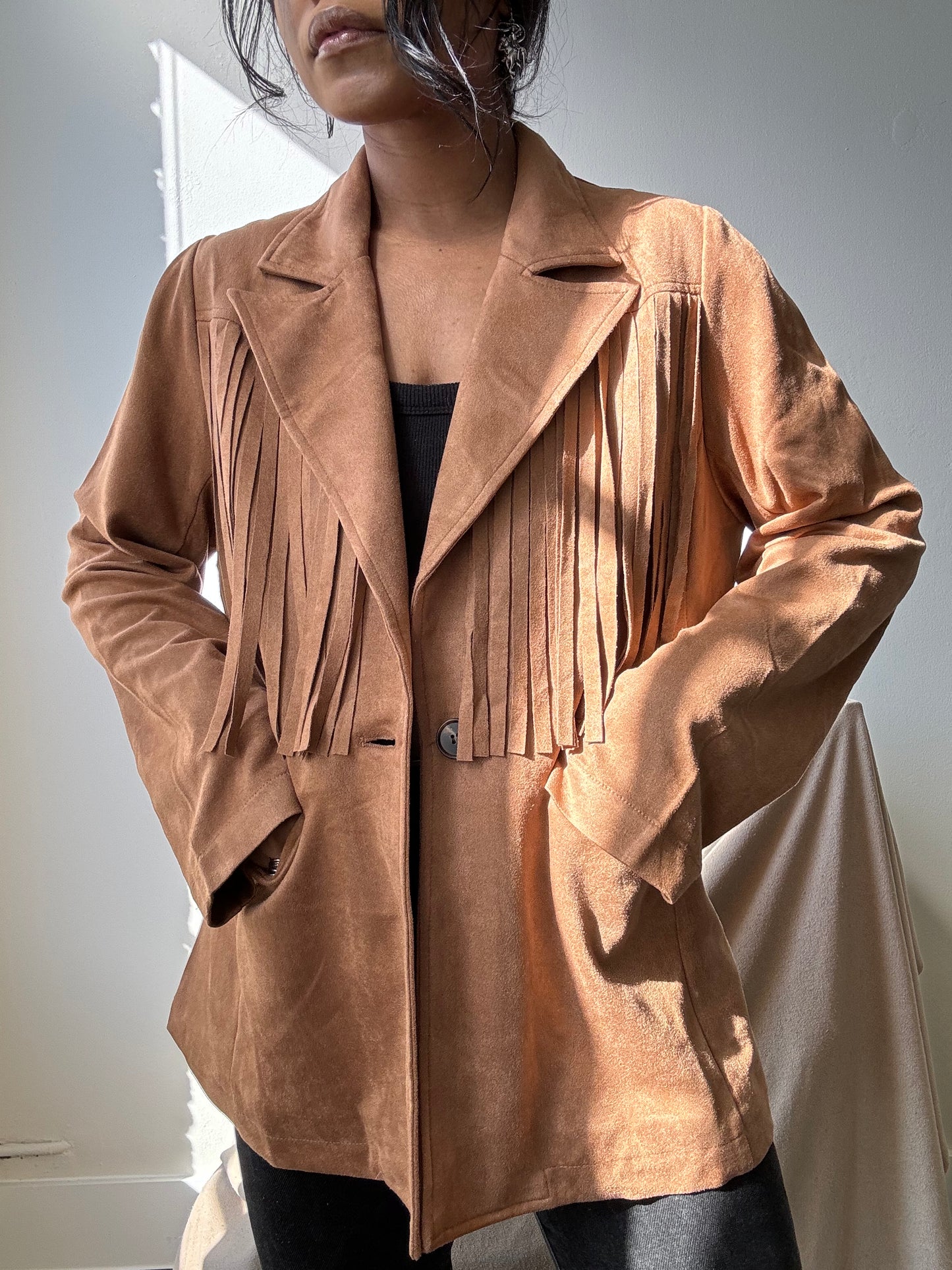 Booker Fringe Suede Modern Western Blazer In Camel