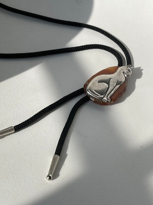 Artisan ￼Handcrafted Cat & Agate Stone Black Cord Bolo