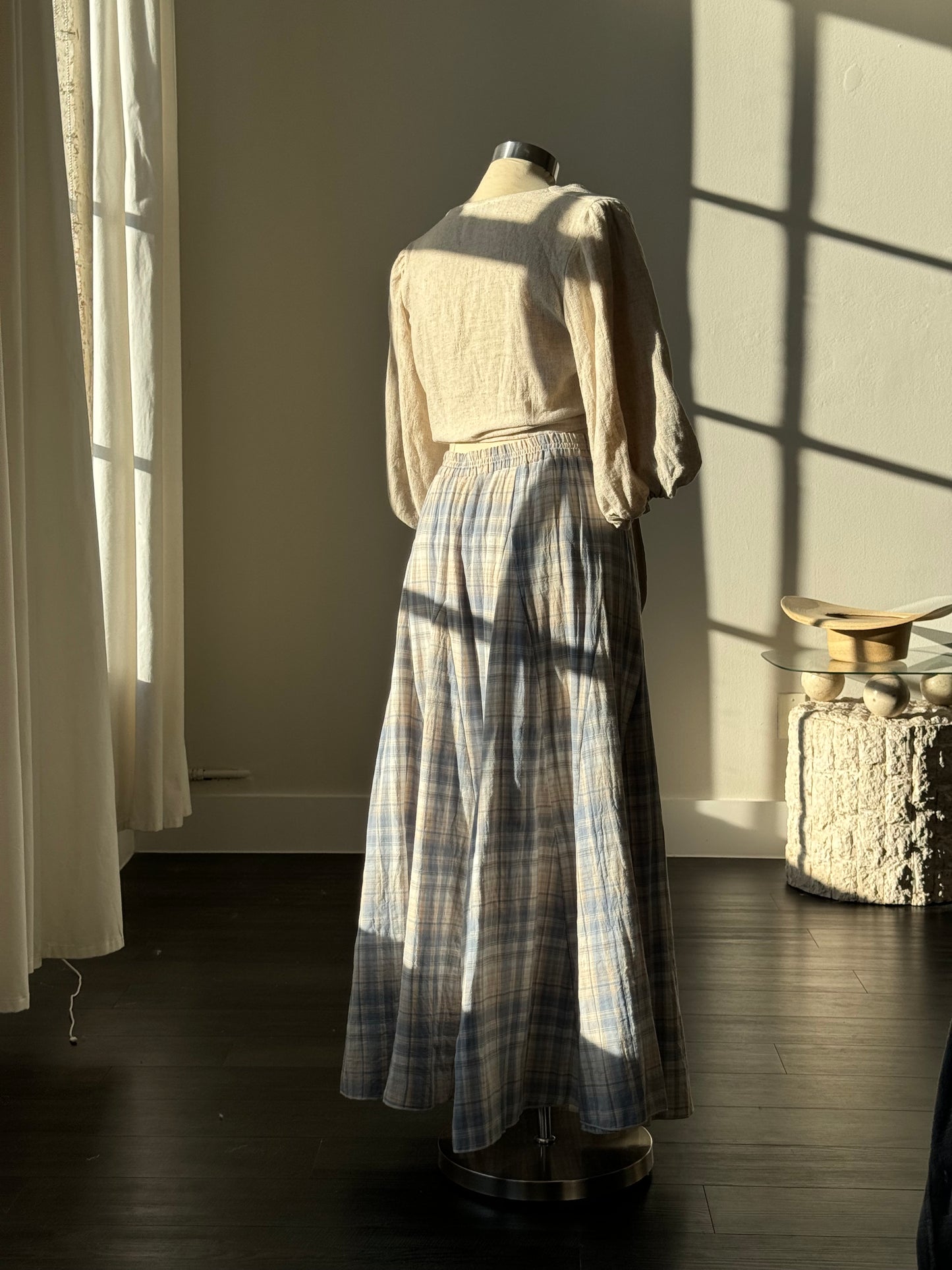 Annie Cotton Plaid Maxi Prairie Skirt In Vintage Blue