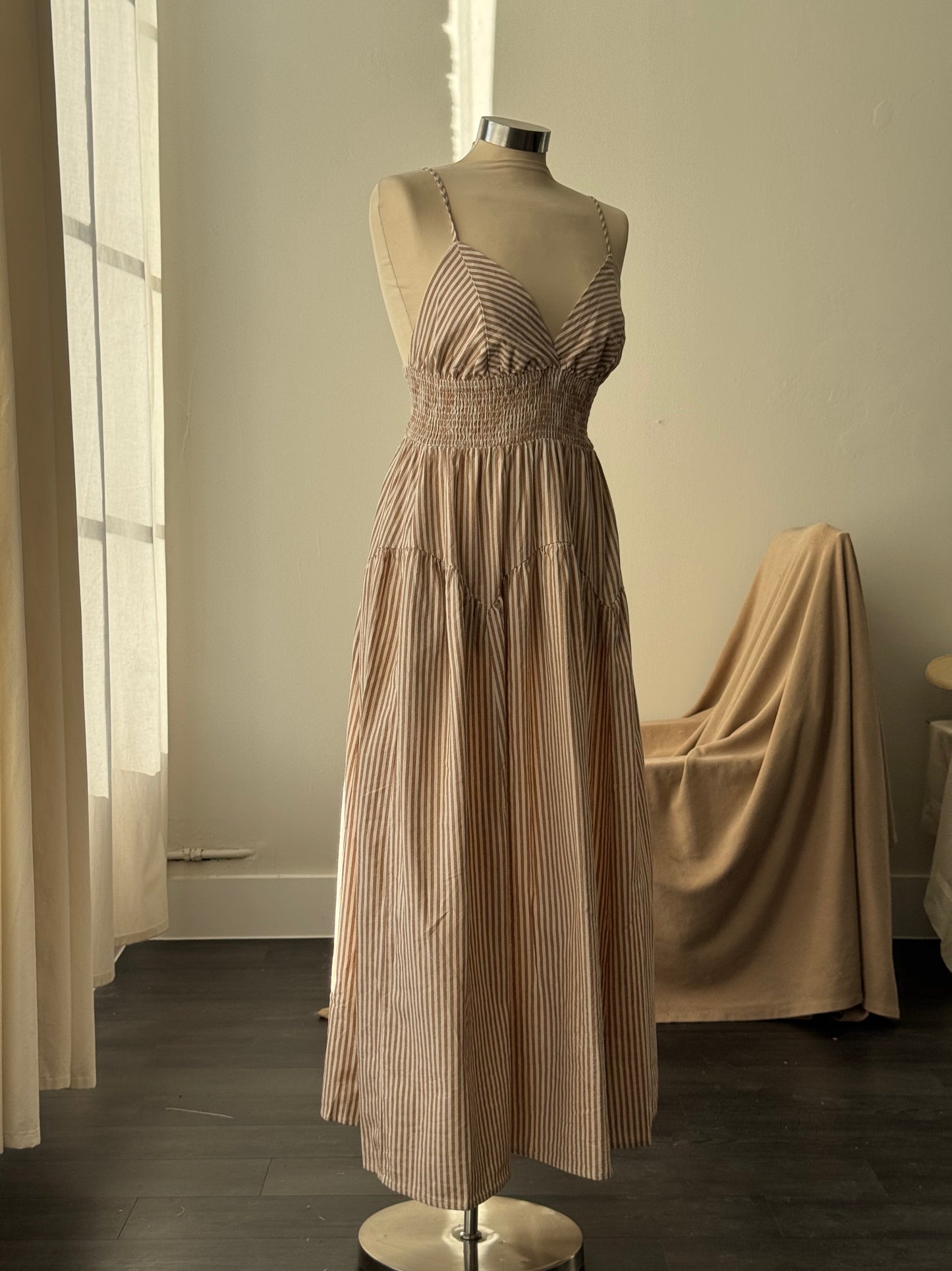 Cherie Cotton Striped Midi Dress In Mocha