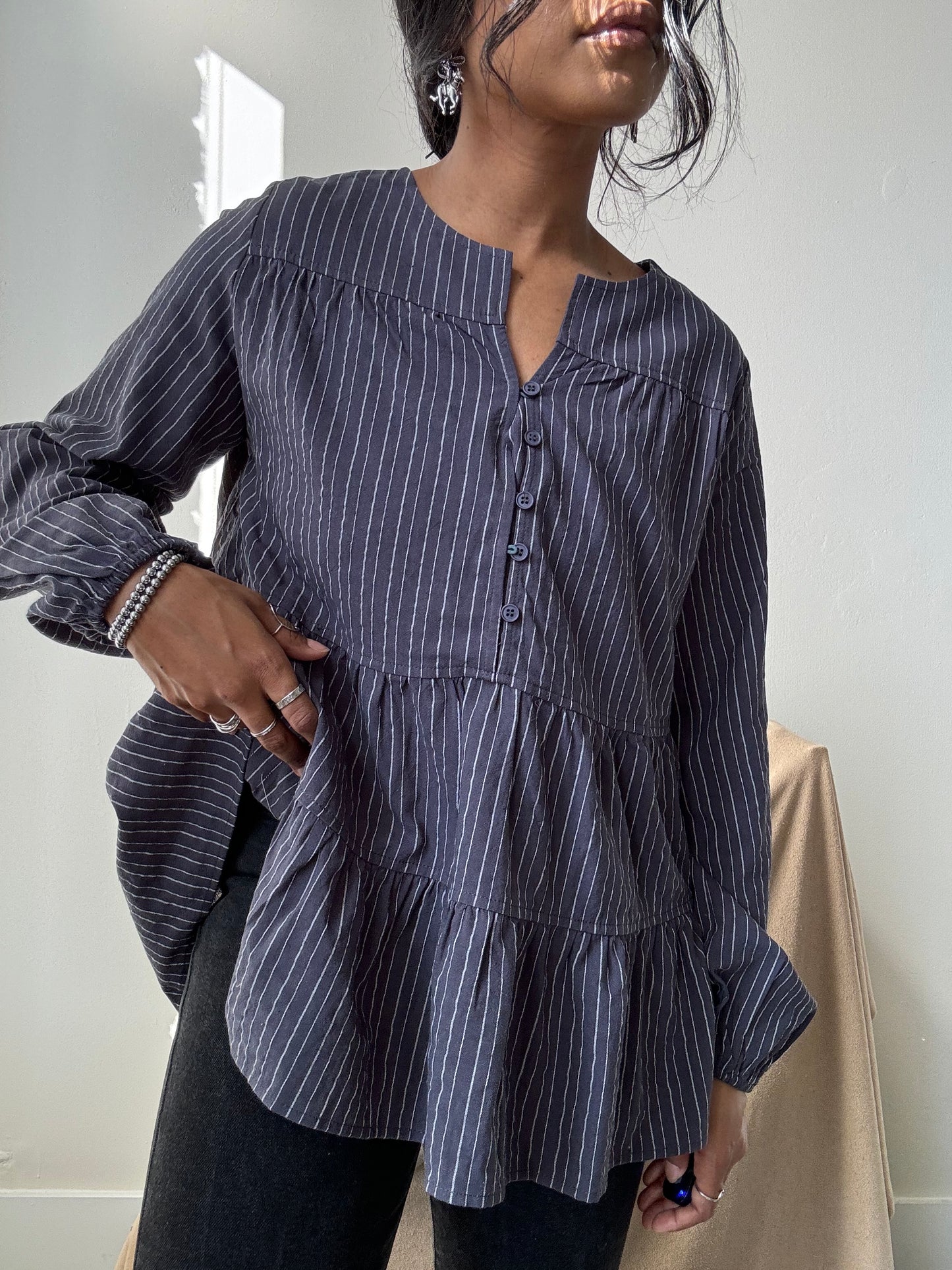 Danny Cotton Tiered Striped Tunic In Vintage Navy