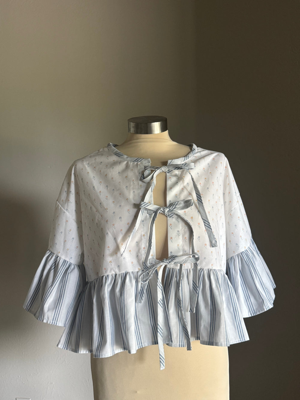Joycie Vintage Handcrafted Striped Floral Ruffle Top
