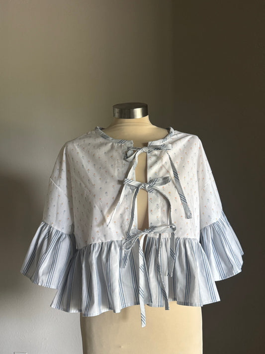 Joycie Vintage Handcrafted Striped Floral Ruffle Top