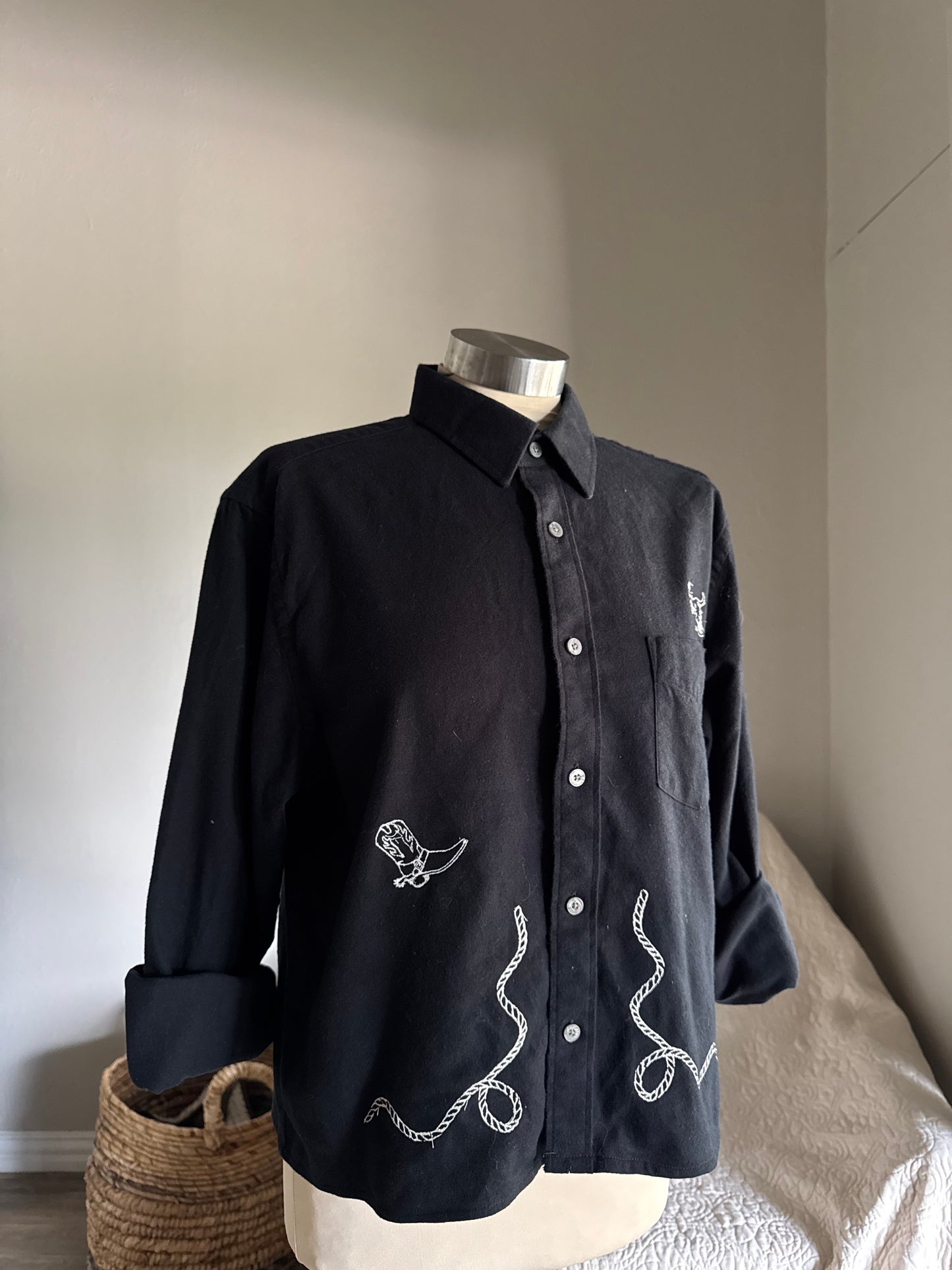 Lawrence Handcrafted Sad Songs Cropped Long Sleeve Button Down In Black