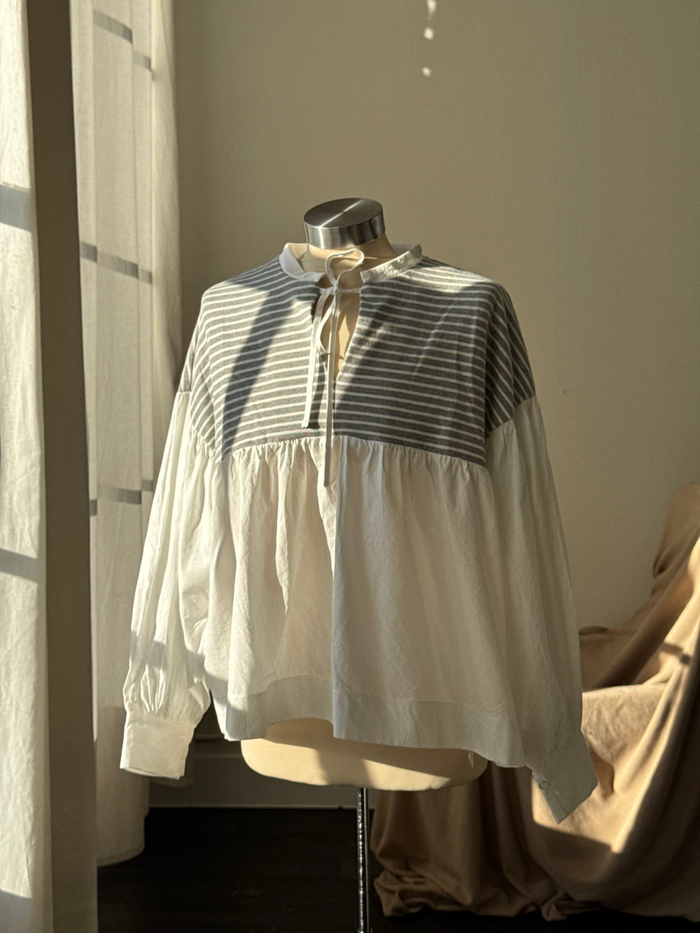 Chasity Cotton Mock Tie Neck Striped Two Tone Top In Grey