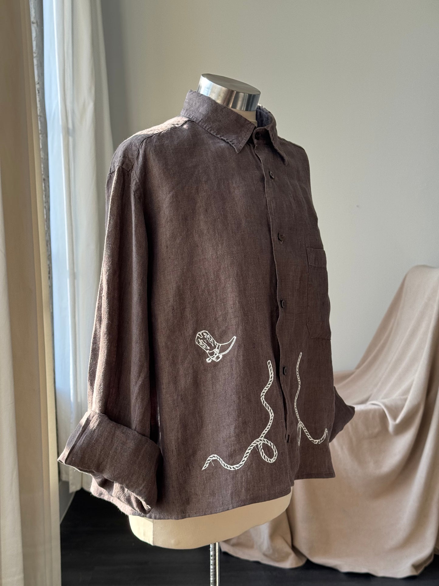 Judy Handcrafted Sad Songs Cropped Linen Button Down