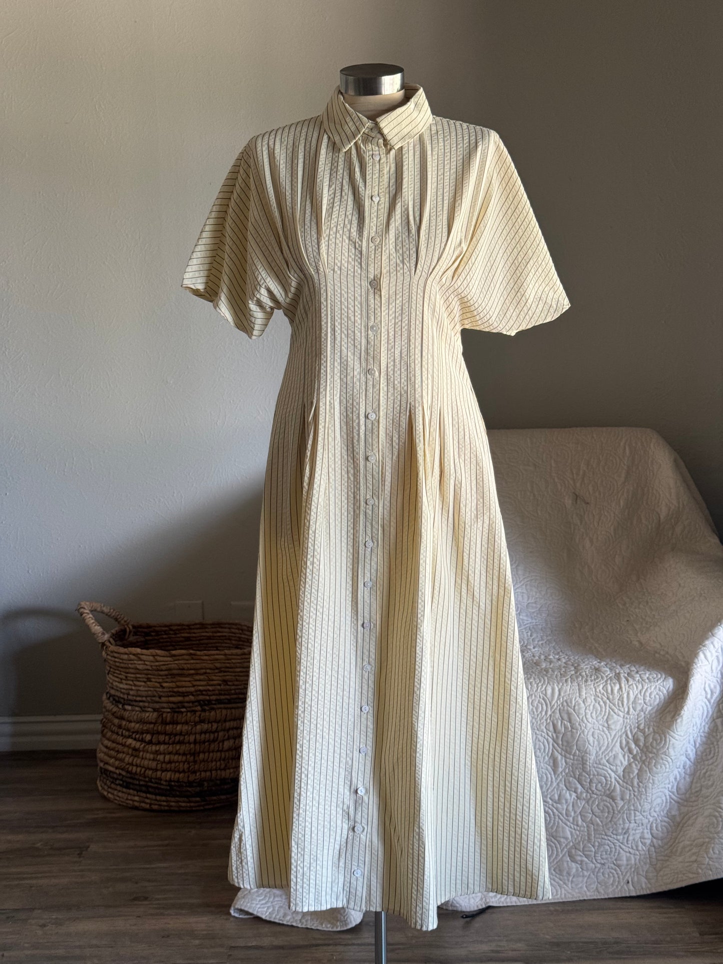 Cynthia Cotton Striped Button Front Maxi Dress In Vanilla Brown￼