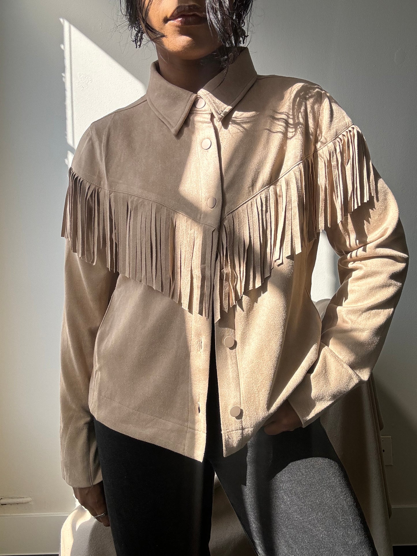 Brooks Cropped Fringe Suede Modern Western Shacket In Taupe