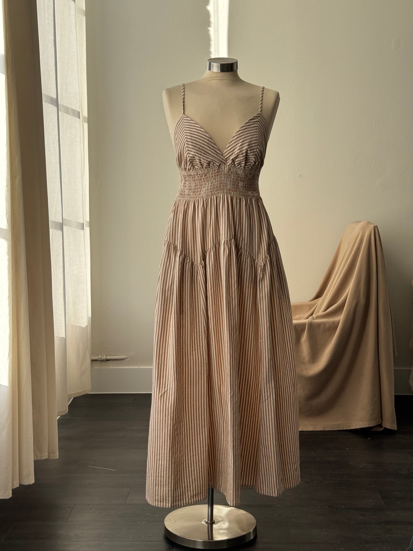 Cherie Cotton Striped Midi Dress In Mocha