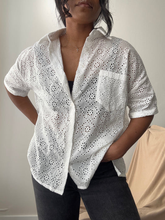 Courtney Cotton Eyelet Button Down Shirt In White