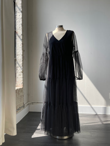 Brandi V Neck Sheer Balloon Sleeve Maxi Dress In Black