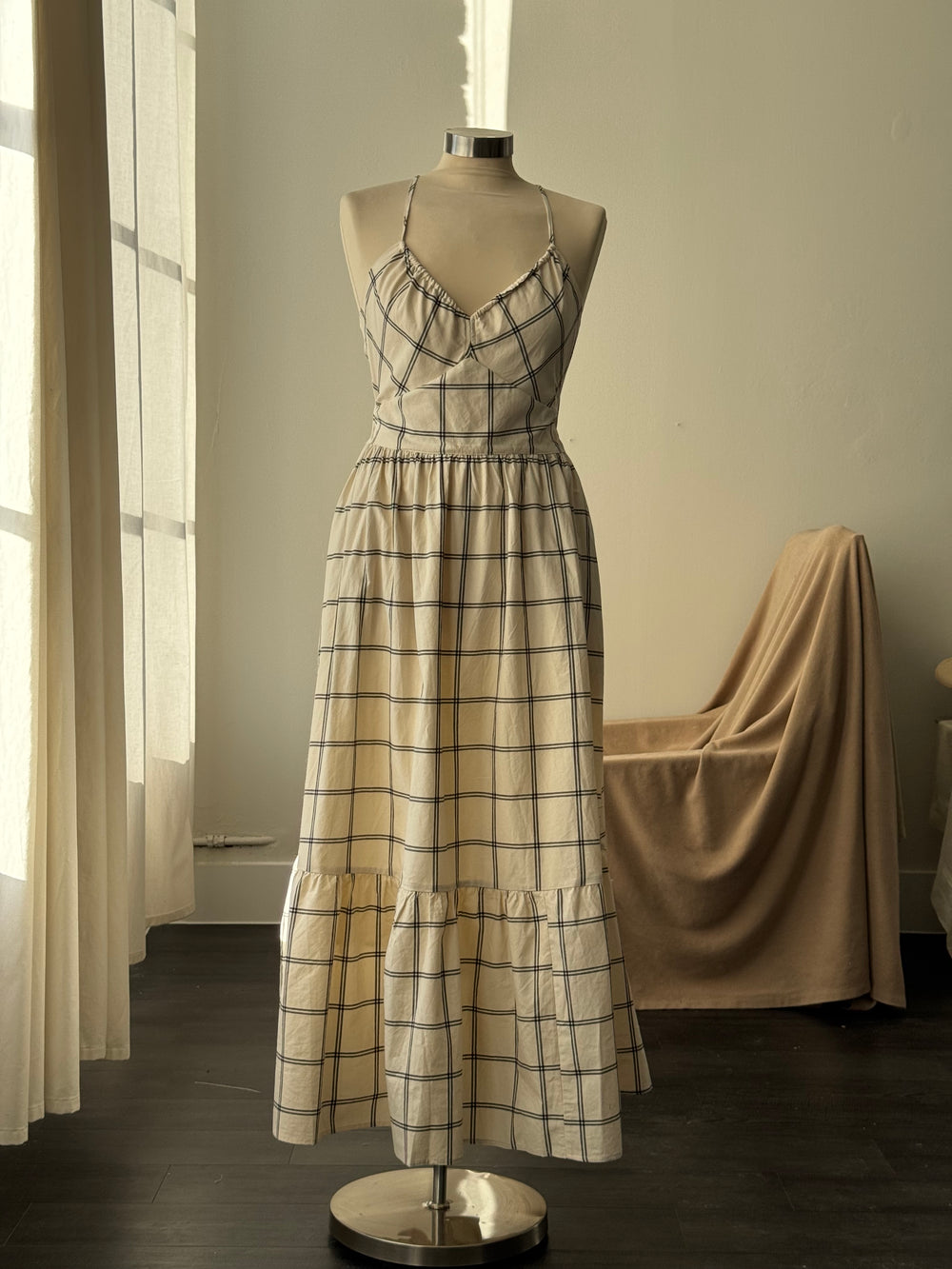 Lydia Cotton Plaid Maxi Dress In Cream