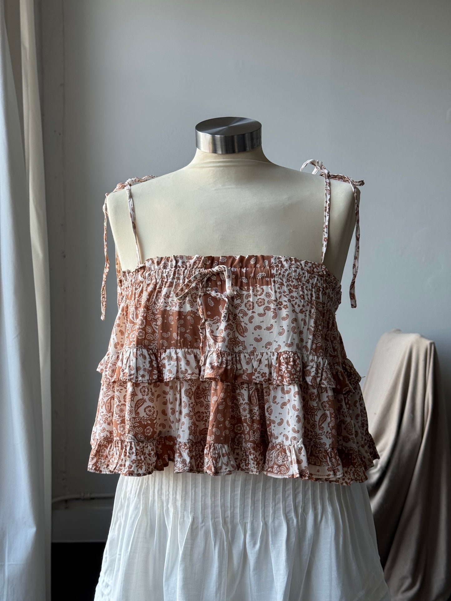 Terry Paisley Patch Bandana Ruffle Top In Red Canyon