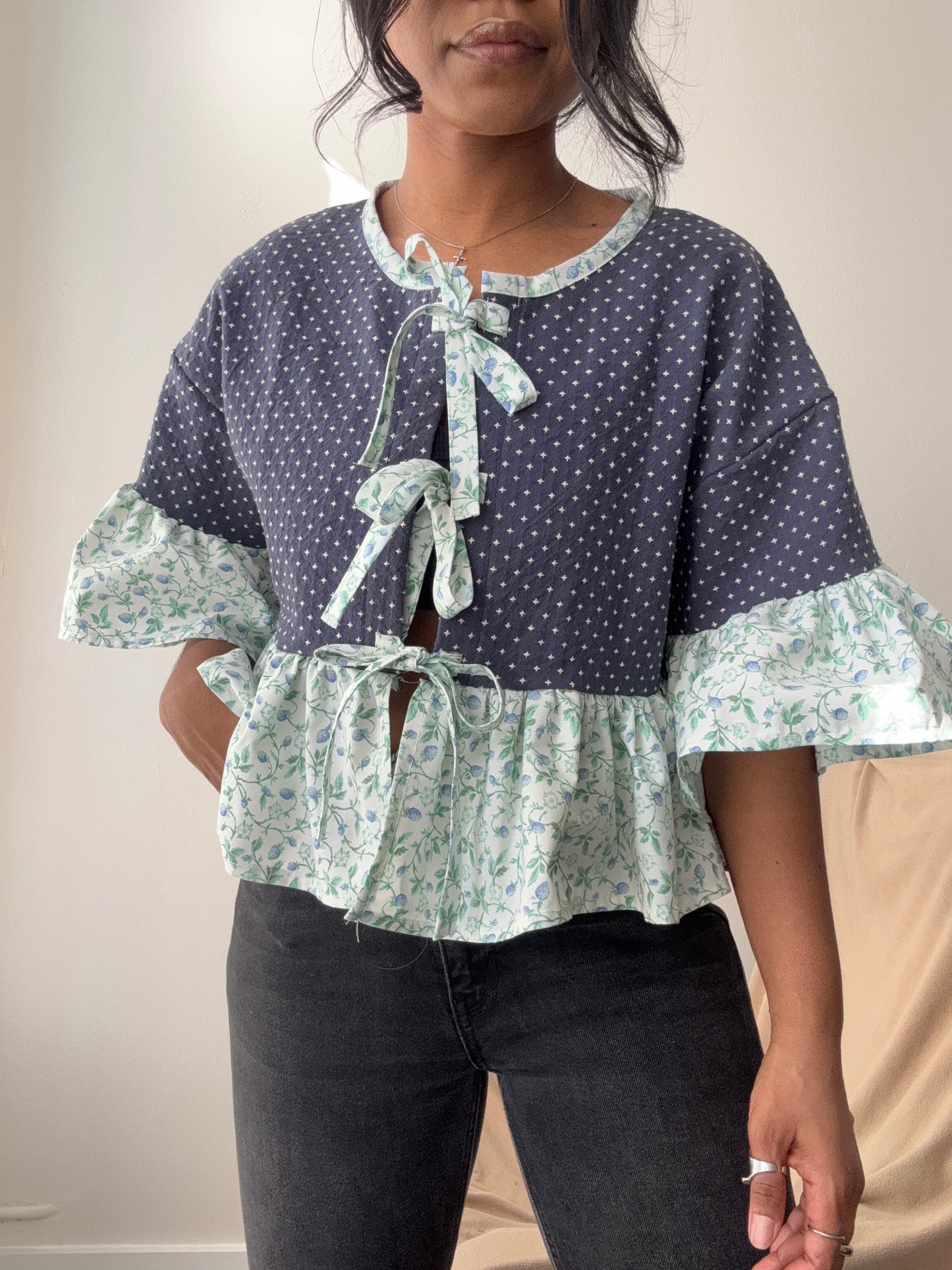 Brenda Vintage Cotton Handcrafted Ruffle Top In Navy