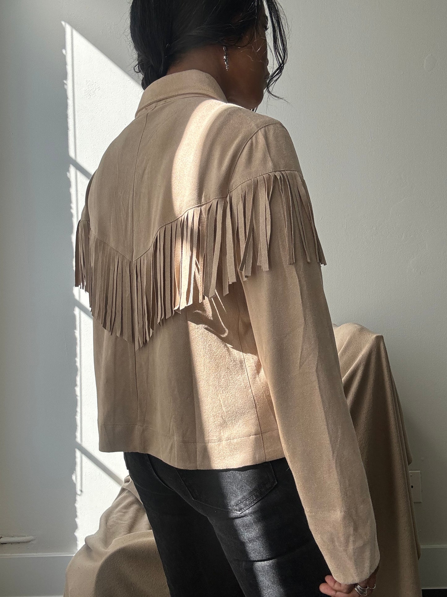 Brooks Cropped Fringe Suede Modern Western Shacket In Taupe