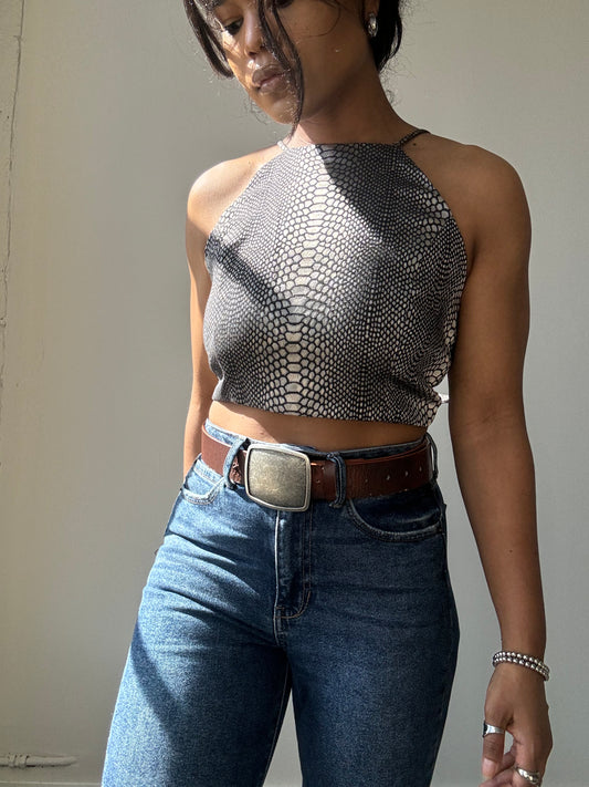 Evan Cotton Cropped Open Back Halter Top In Wild Smoke Grey