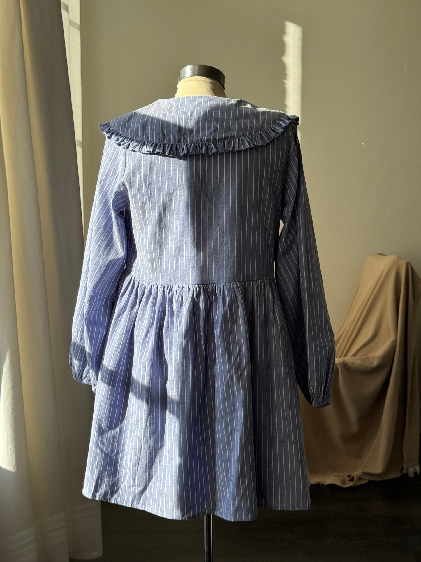 Odessa Cotton Tie Front Ruffle Collar Striped Dress In Vintage Blue￼￼