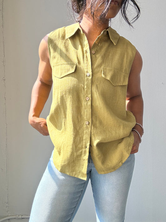 Melissa Linen 90s Style Button Front Vest Shirt In Avocado￼