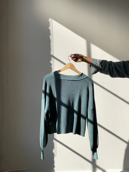 Tori Cotton Balloon Sleeve Crop Lightweight Sweater In Vintage Teal