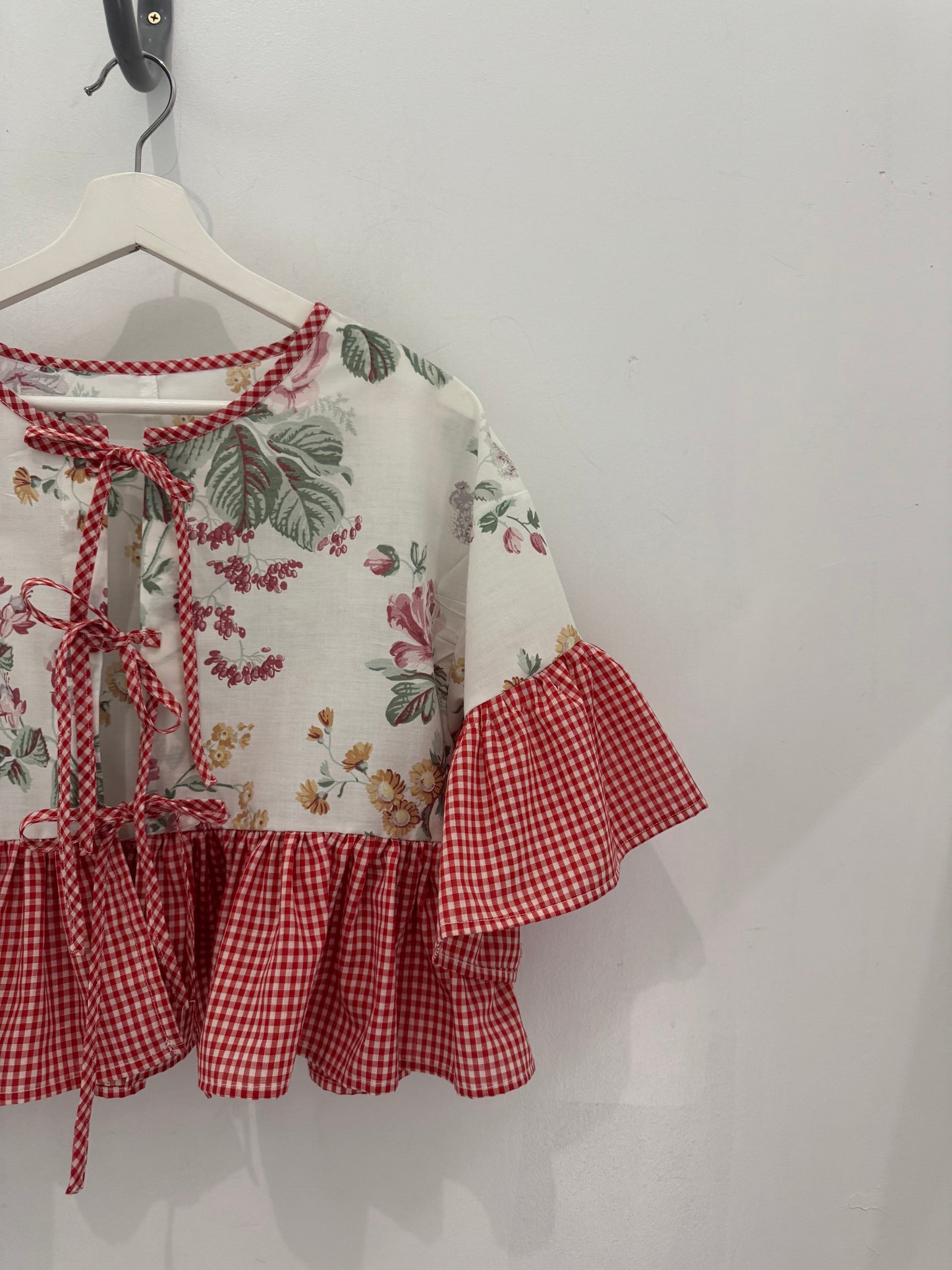 Joycie Vintage Handcrafted Gingham Floral Ruffle Top