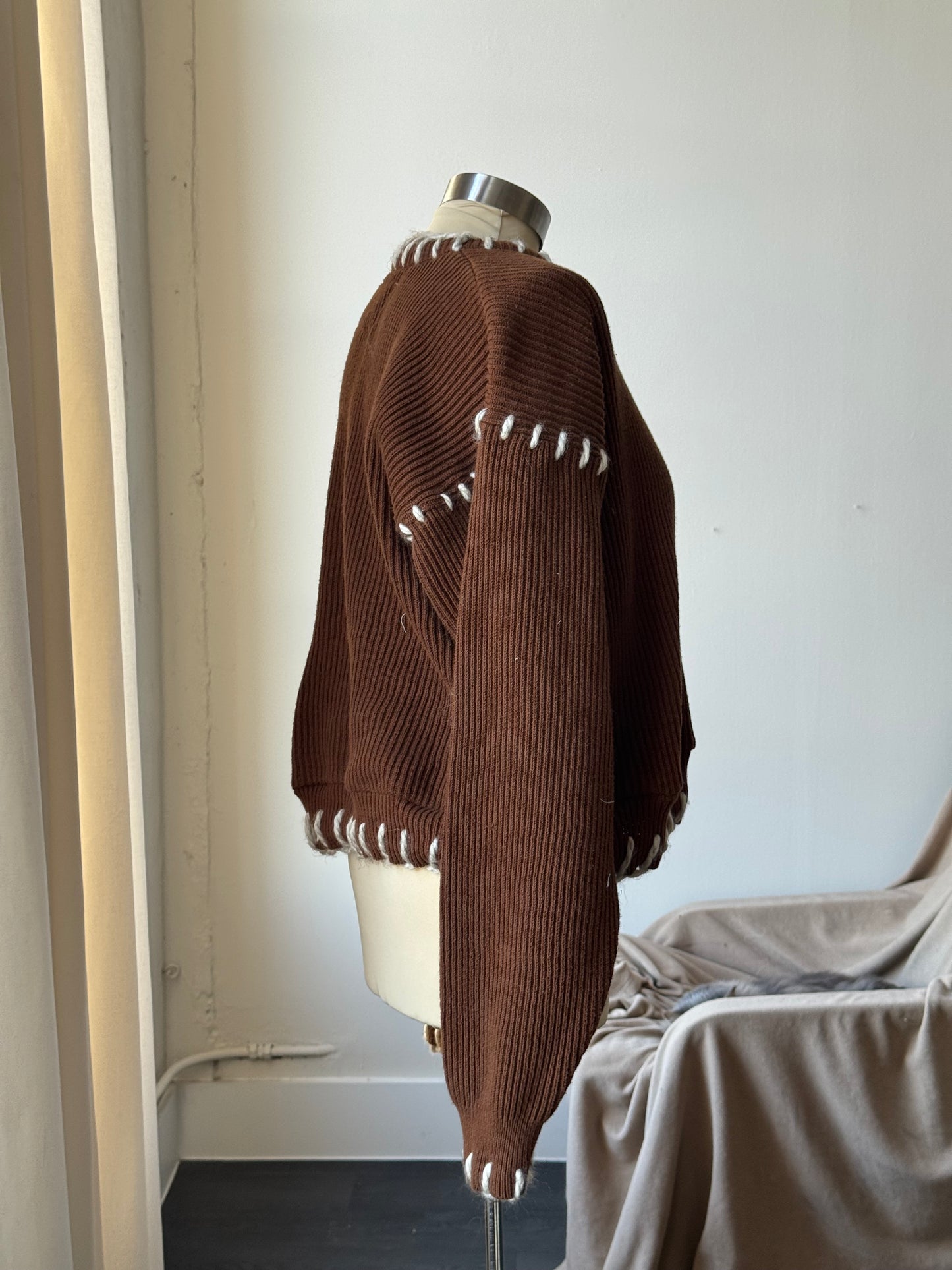 Sloppy Joe Handcrafted Cowboy Blanket Stitch Chunky Sweater In Brown