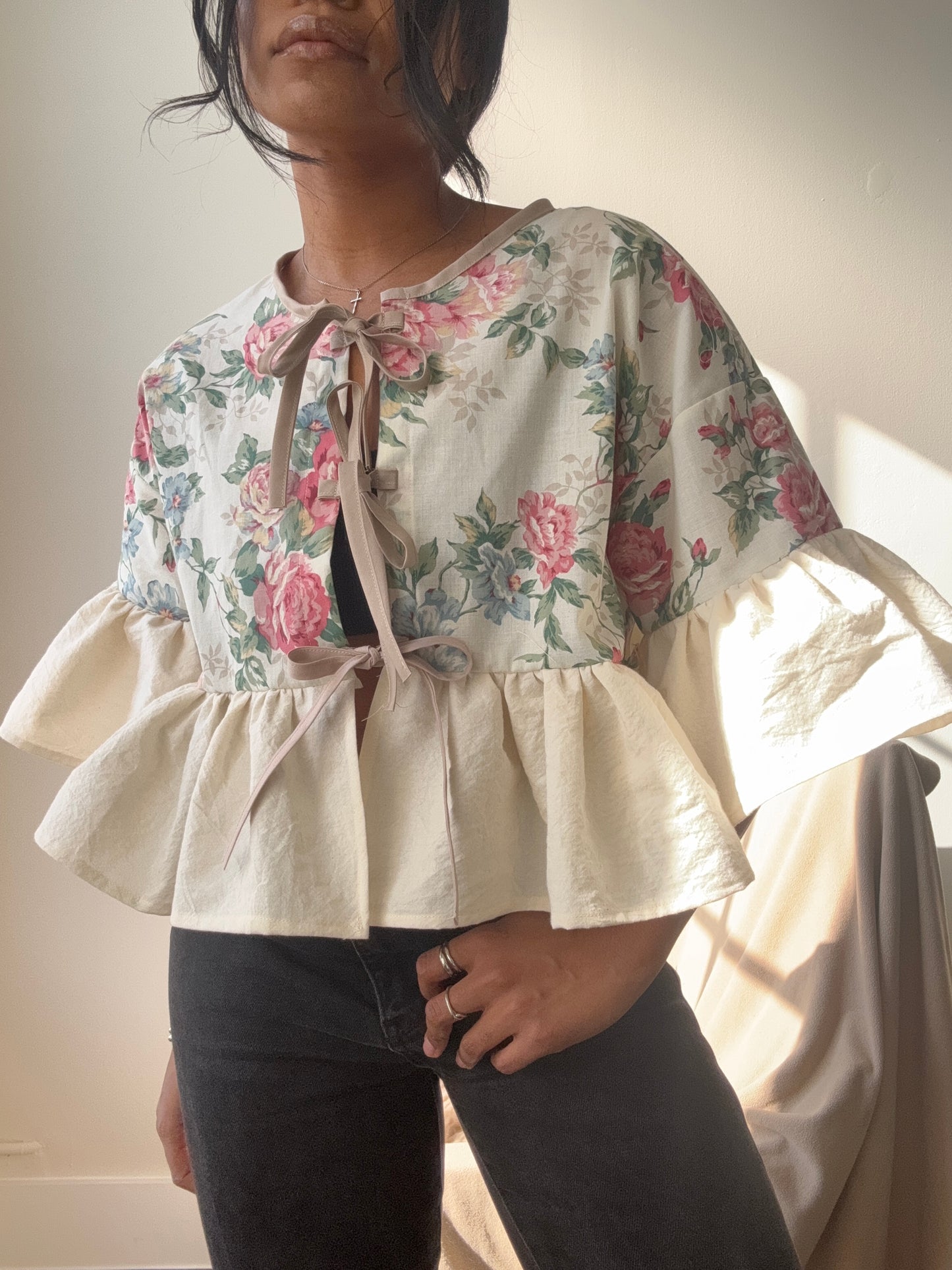 Joycie Vintage Cotton Handcrafted Ruffle Top In Roses