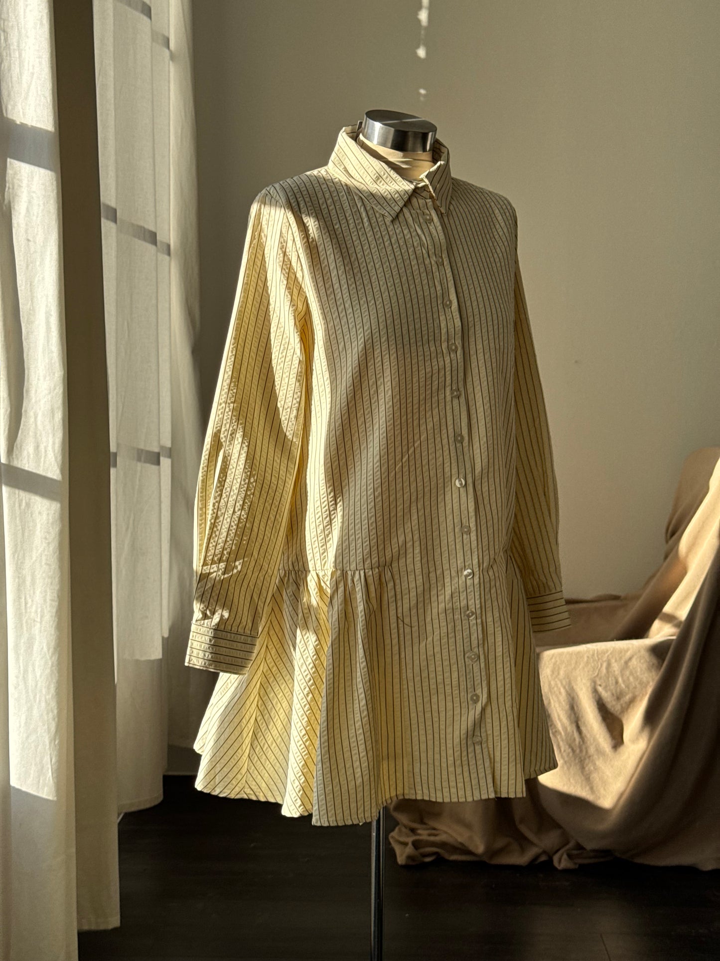 Cynthia Cotton Button Down Long Sleeve Striped Dress In Vanilla & Brown￼