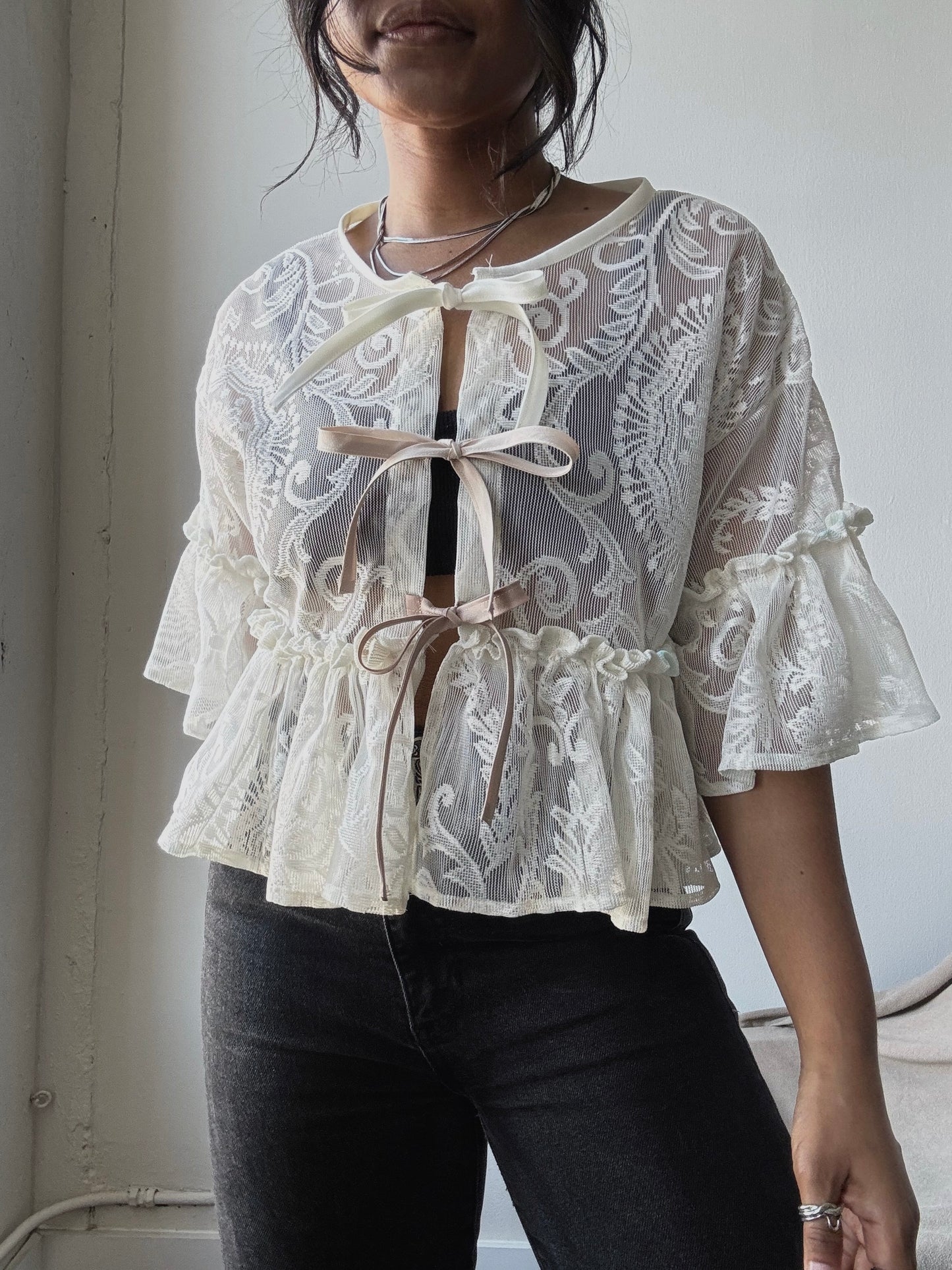 Eliza Vintage Lace Handcrafted Ruffle Top In Napoleon Cream