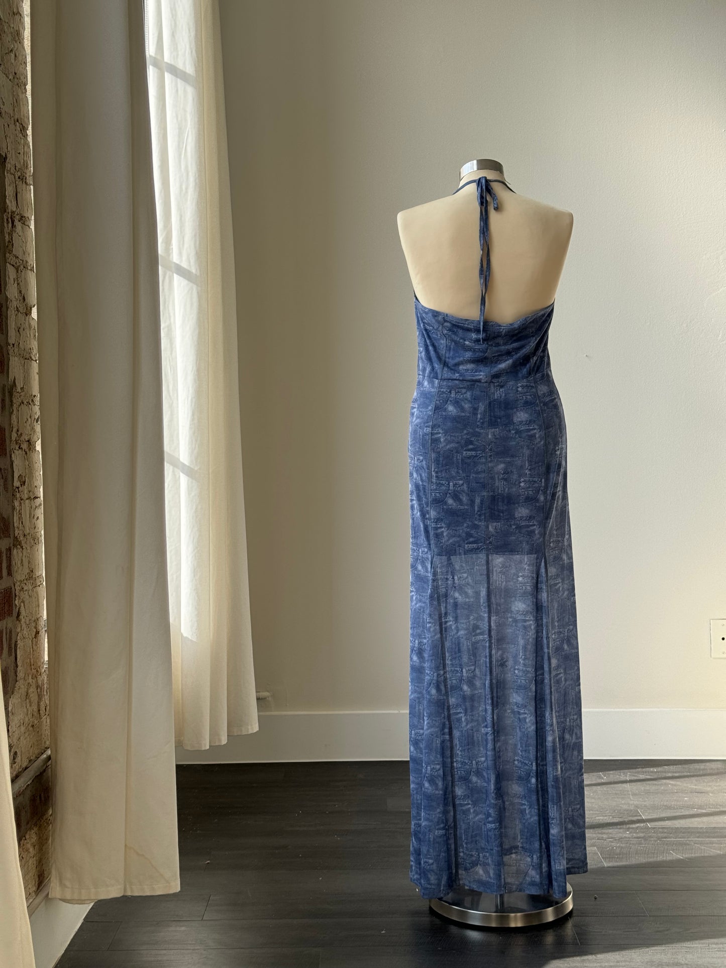 Dally Denim Jean Print Sheer Maxi Dress In Indigo