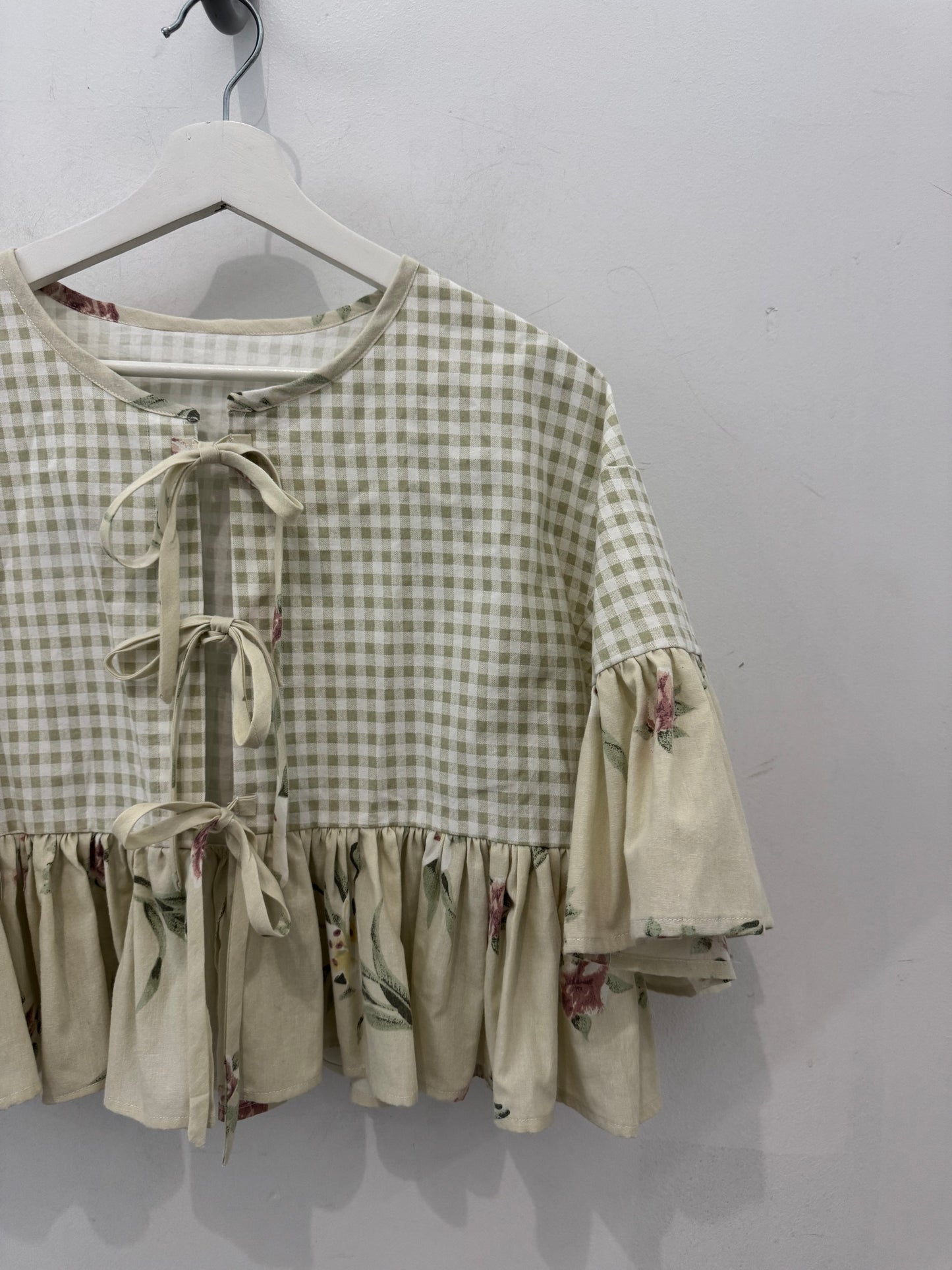 Joycie Vintage Handcrafted Gingham Floral Ruffle Top