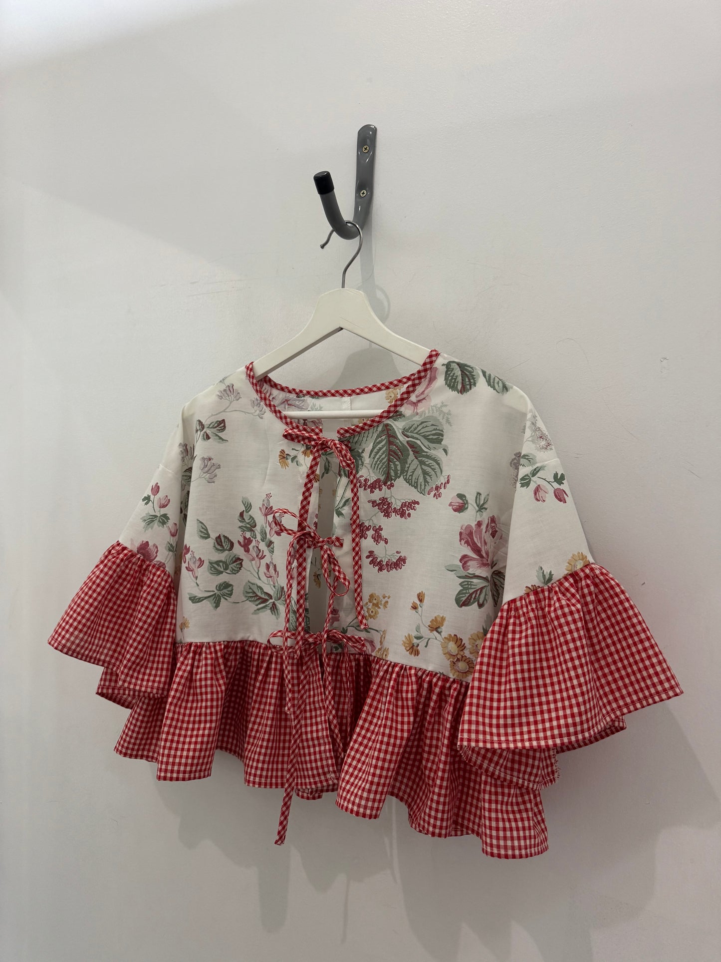 Joycie Vintage Handcrafted Gingham Floral Ruffle Top