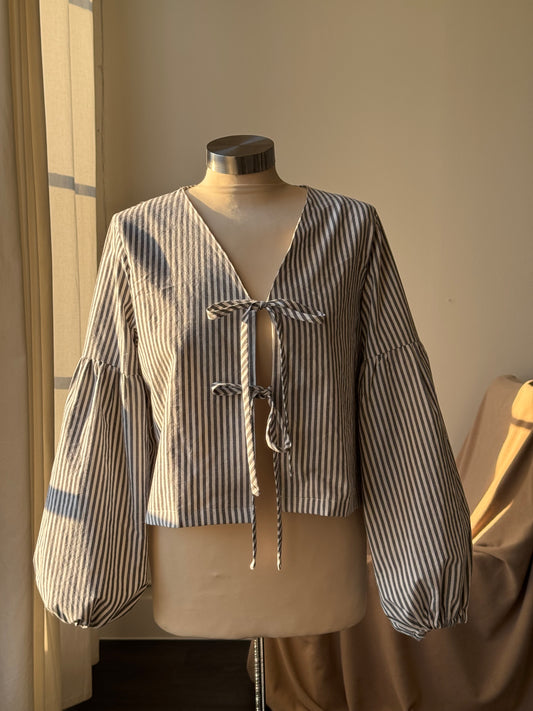 Brenda Faye Handcrafted Striped Lantern Sleeve Tie Front Top an Ash Black