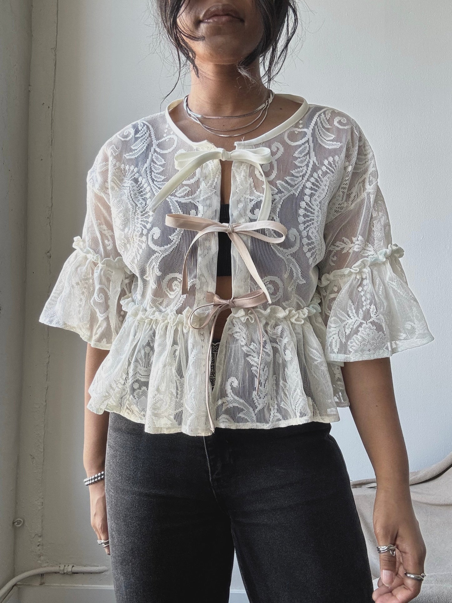 Eliza Vintage Lace Handcrafted Ruffle Top In Napoleon Cream