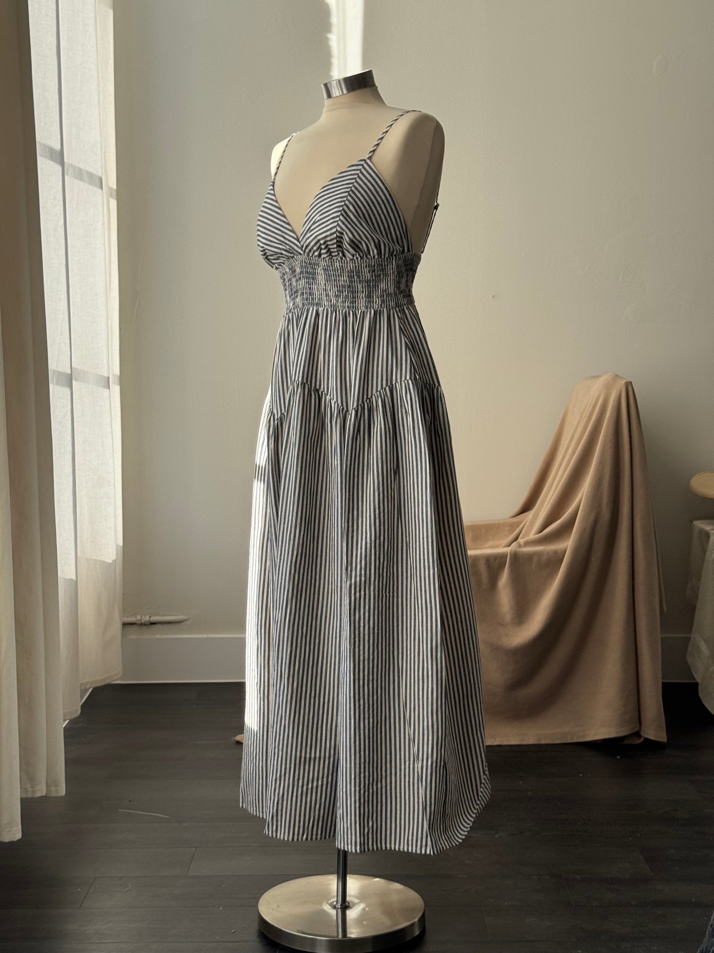 Cherie Cotton Striped Midi Dress In Midnight Navy